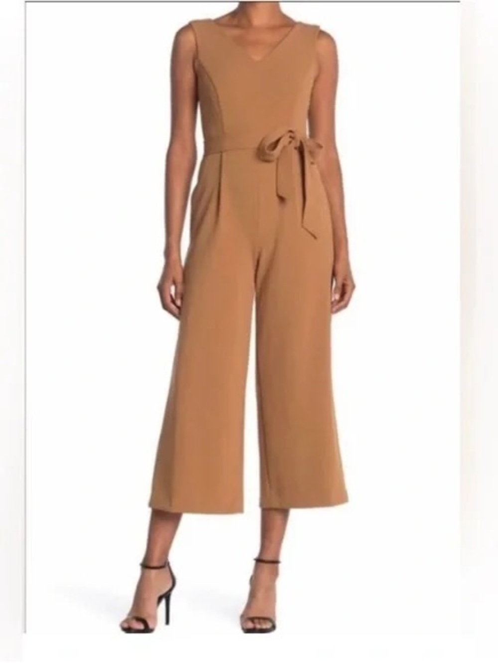 Calvin Klein Sleeveless V-Neck Wide-Leg Jumpsuit in Camel
